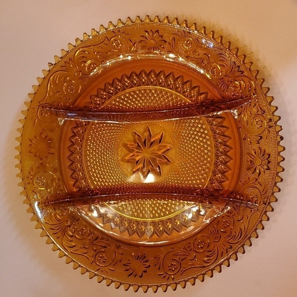 Vintage Tiara Crystal Relish Dish 3 Section Sandwich Pattern Amber Indiana Glass - Picture 2 of 7